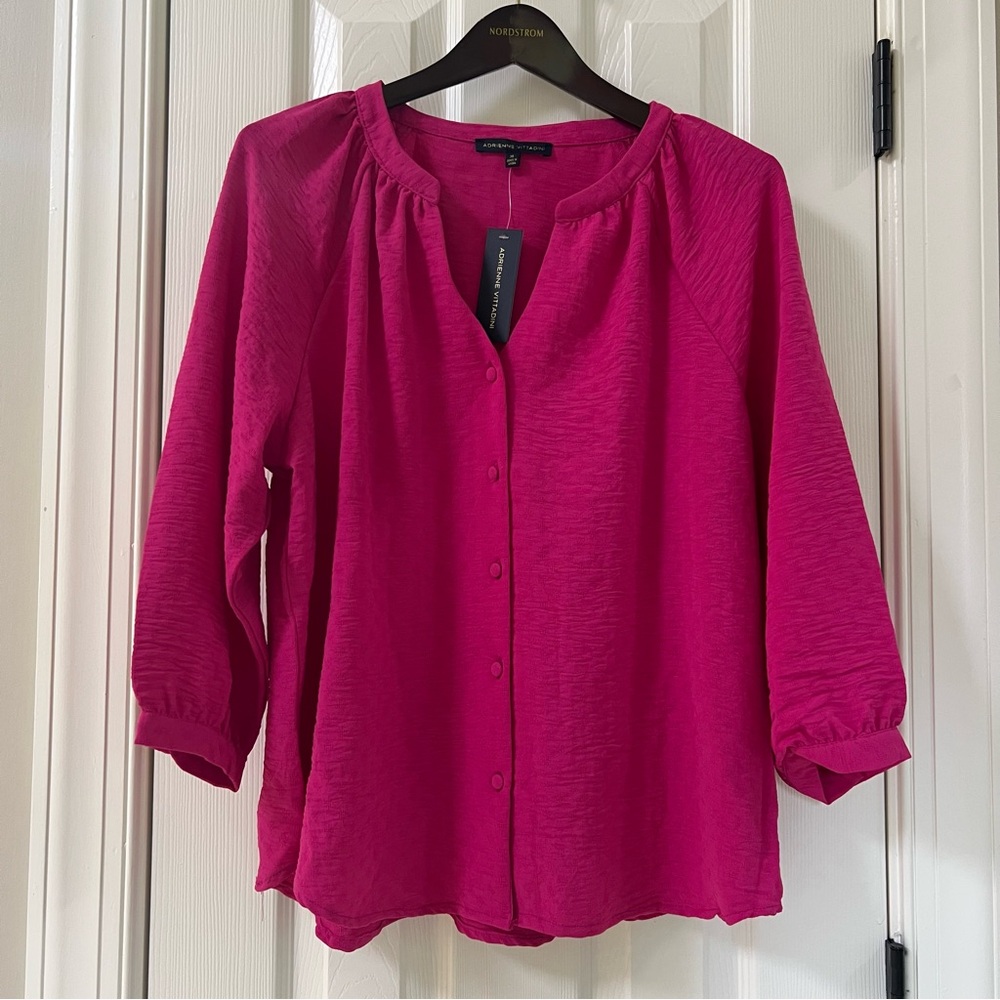 Adrienne Vittadini Fuchsia 3/4 Balloon Sleeve Button-Up Blouse NWT Size XL